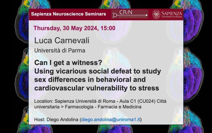 Can I get a witness? Using vicarious social defeat to study sex differences in behavioral and cardiovascular vulnerability to stress - Luca Carnevali - 30 Maggio 2024